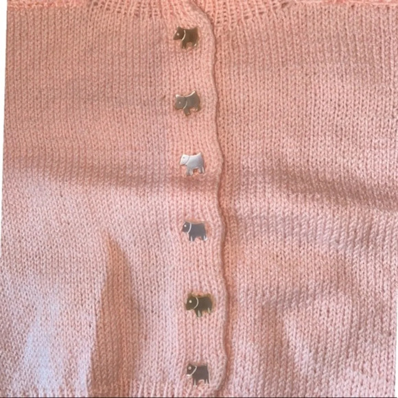 Pink hand knit sweater with dog buttons​ - Picture 3 of 14